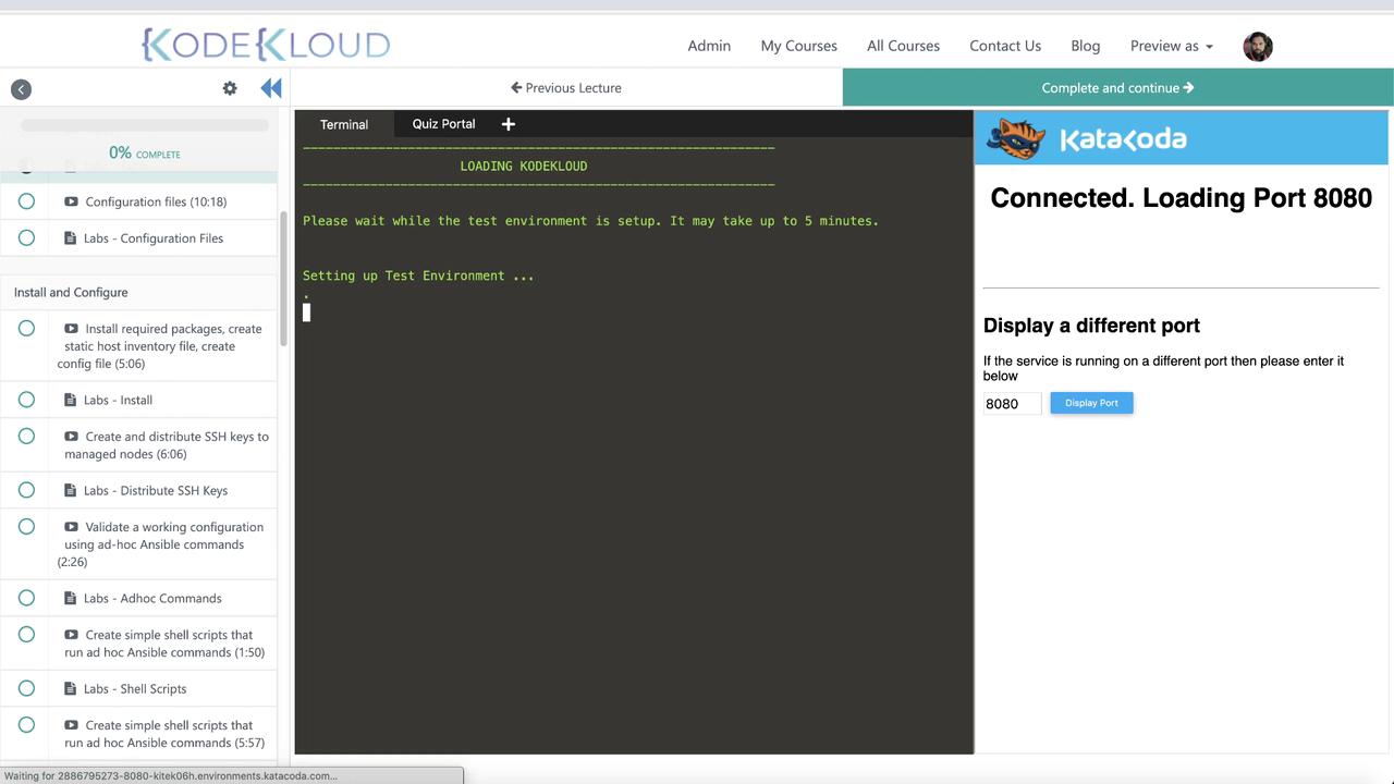 The image shows a KodeKloud interface with a terminal setting up a test environment and a Katacoda panel connected to port 8080.