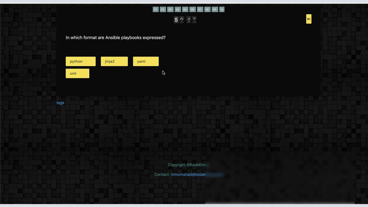 The image shows a quiz question asking in which format Ansible playbooks are expressed, with options: python, jinja2, yaml, and xml.