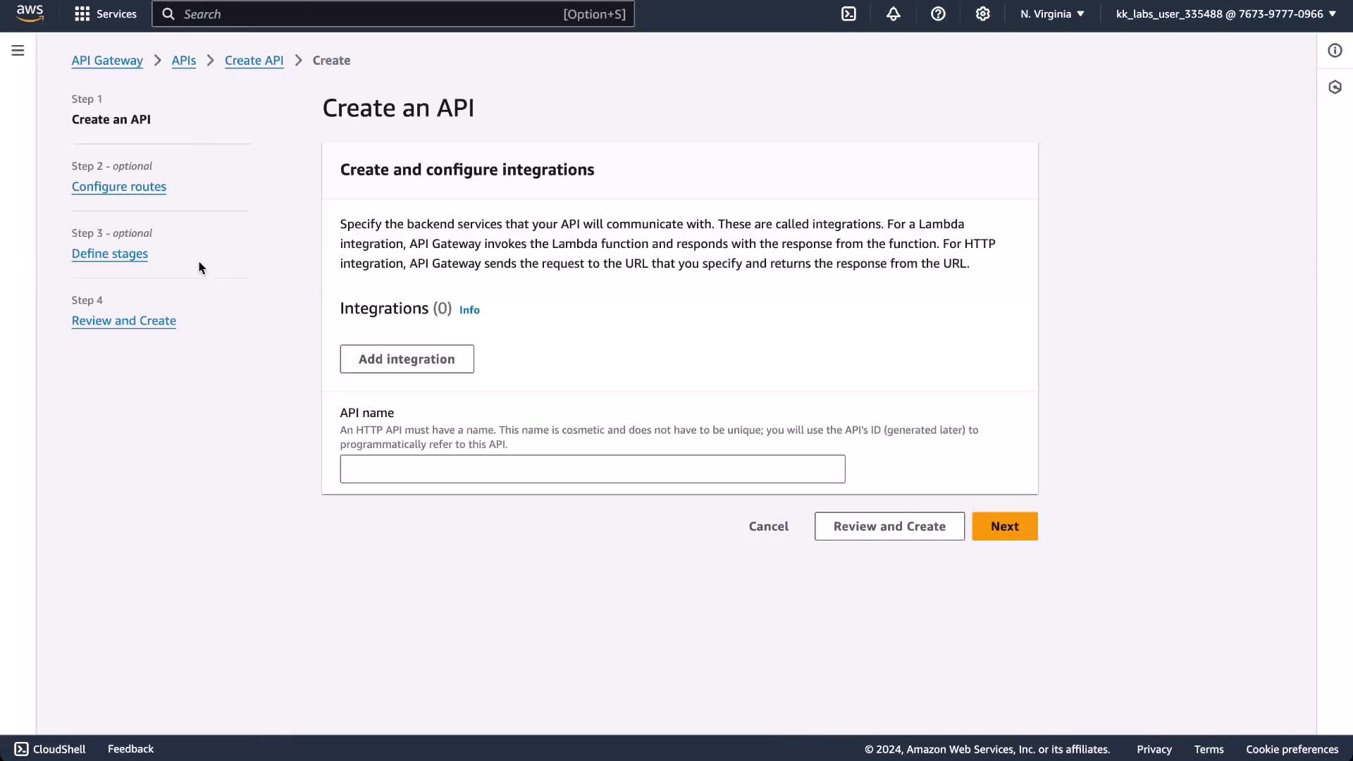 The image shows an AWS interface for creating an API, with options to add integrations and name the API. Steps for configuring routes, defining stages, and reviewing are also listed.