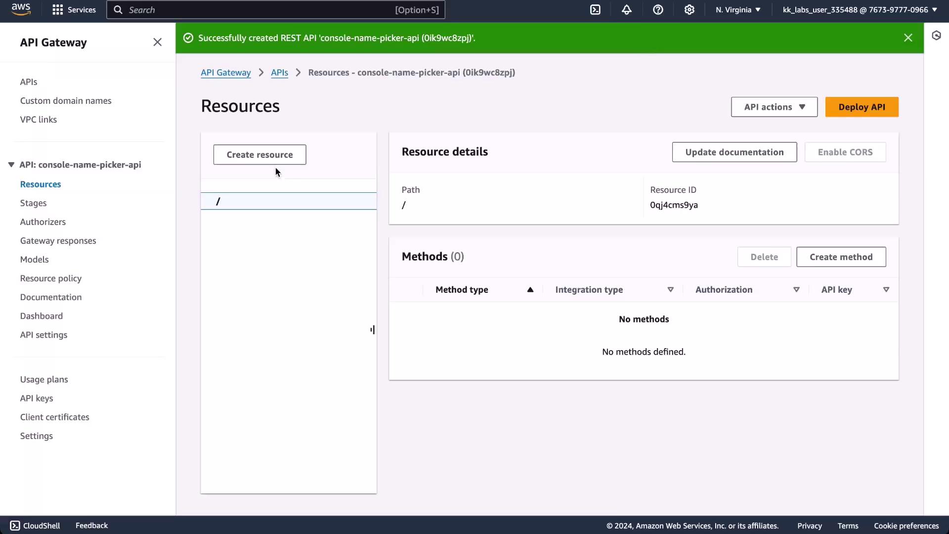 The image shows an AWS API Gateway interface where a REST API named "console-name-picker-api" has been successfully created. The interface displays options to create resources and methods, with no methods currently defined.