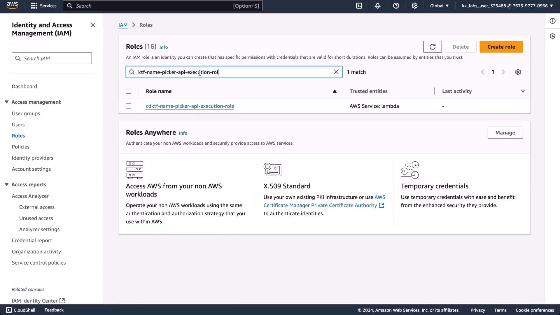 The image shows the AWS Identity and Access Management (IAM) console, specifically the "Roles" section, with a search for a specific role and options for managing roles and accessing AWS from non-AWS workloads.