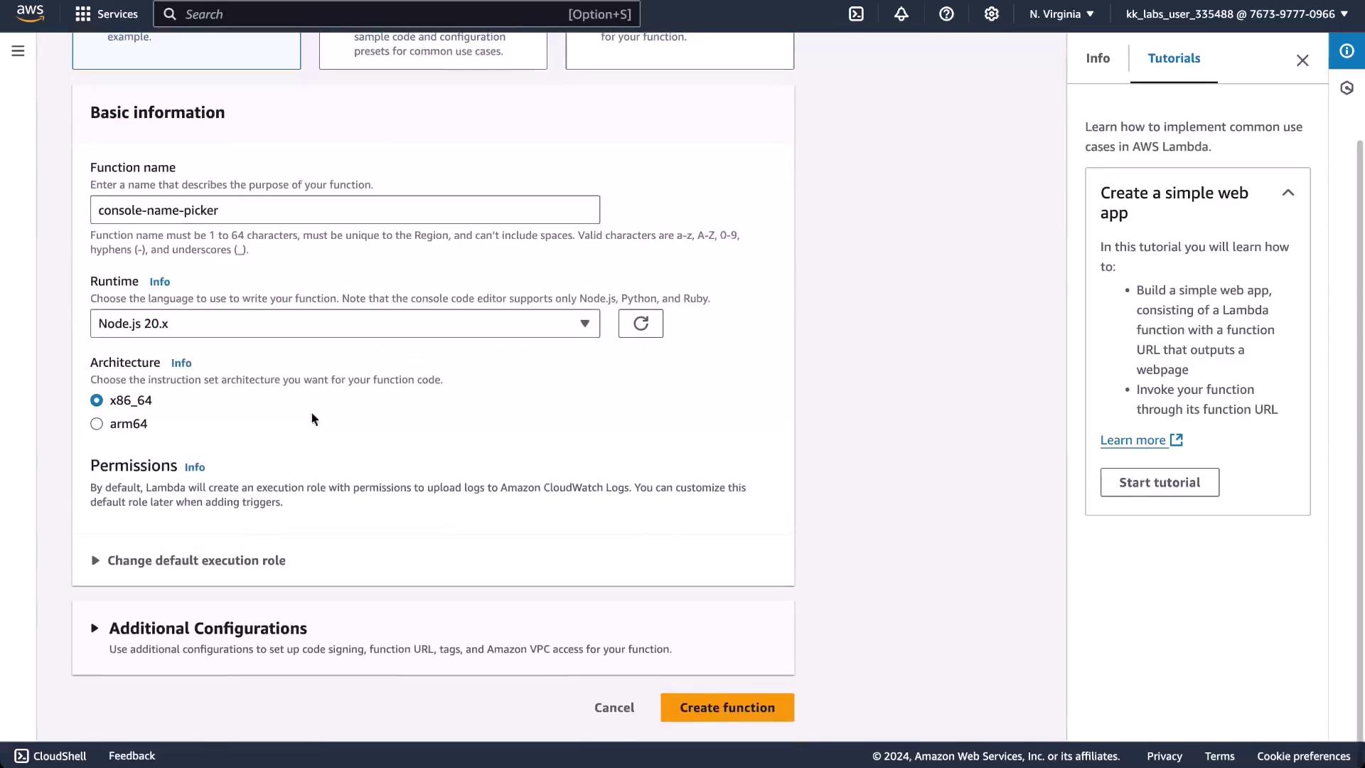 The image shows an AWS Lambda console interface where a user is setting up a new function with options for function name, runtime, architecture, and permissions. There's also a tutorial section on creating a simple web app.
