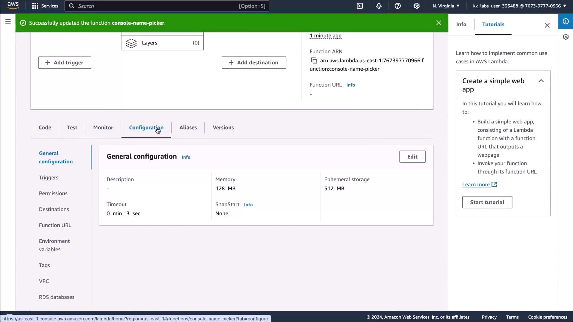 The image shows an AWS Lambda console with a function named "console-name-picker" that has been successfully updated. It displays the general configuration settings, including memory, timeout, and storage details.