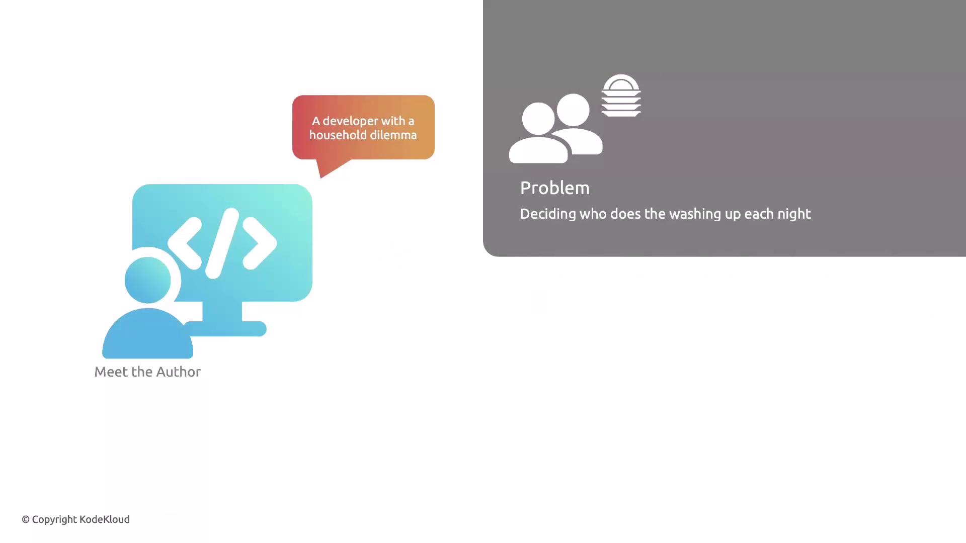 The image shows a graphic of a developer facing a household dilemma about deciding who does the washing up each night.