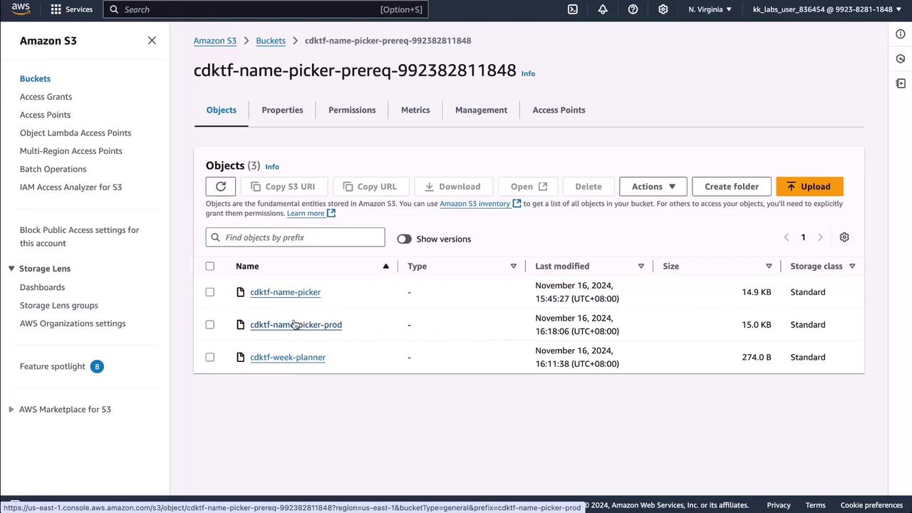 The image shows an Amazon S3 bucket interface with a list of objects, including their names, last modified dates, sizes, and storage classes. The bucket is named "cdktf-name-picker-prereq-992382811848" and contains three objects.