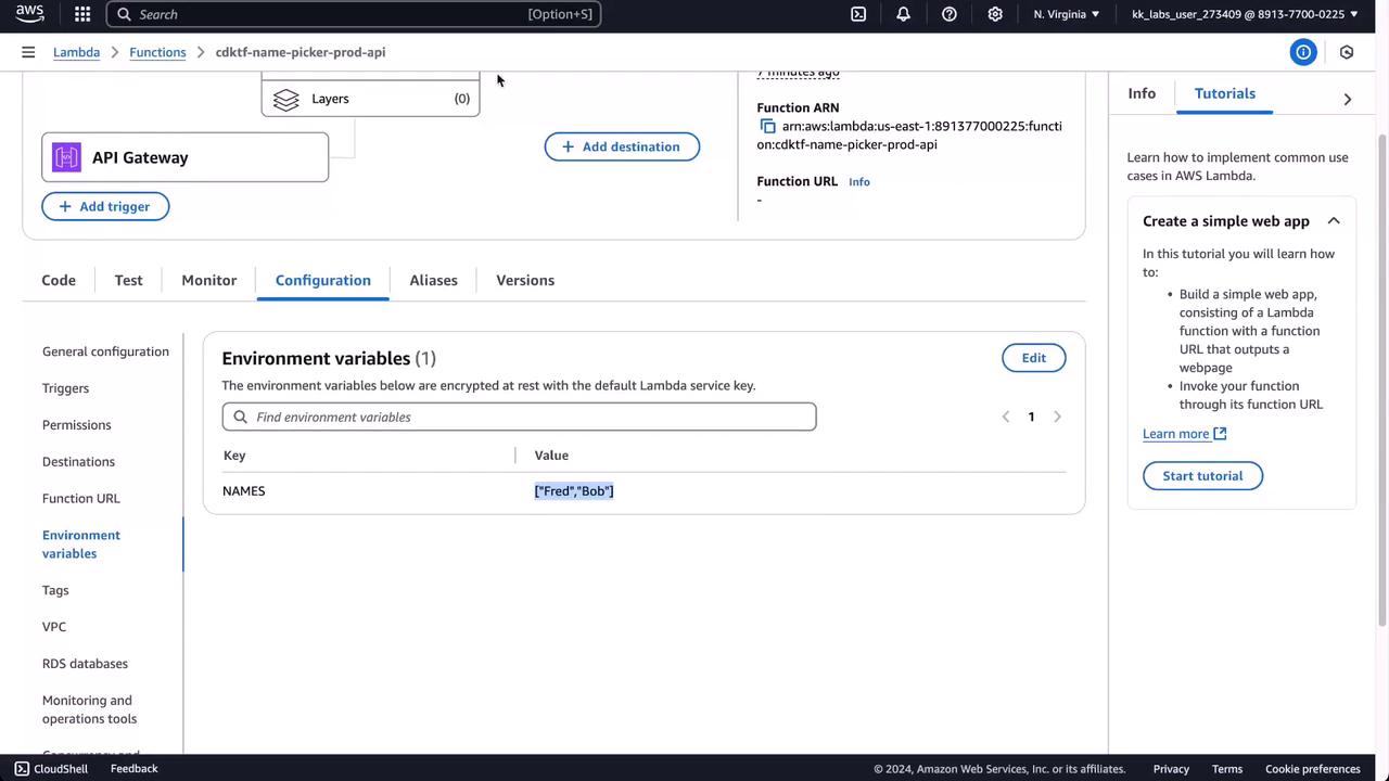 The image shows an AWS Lambda console interface, specifically the configuration tab for a function, displaying an environment variable with the key "NAMES" and the value `["Fred","Bob"]`.