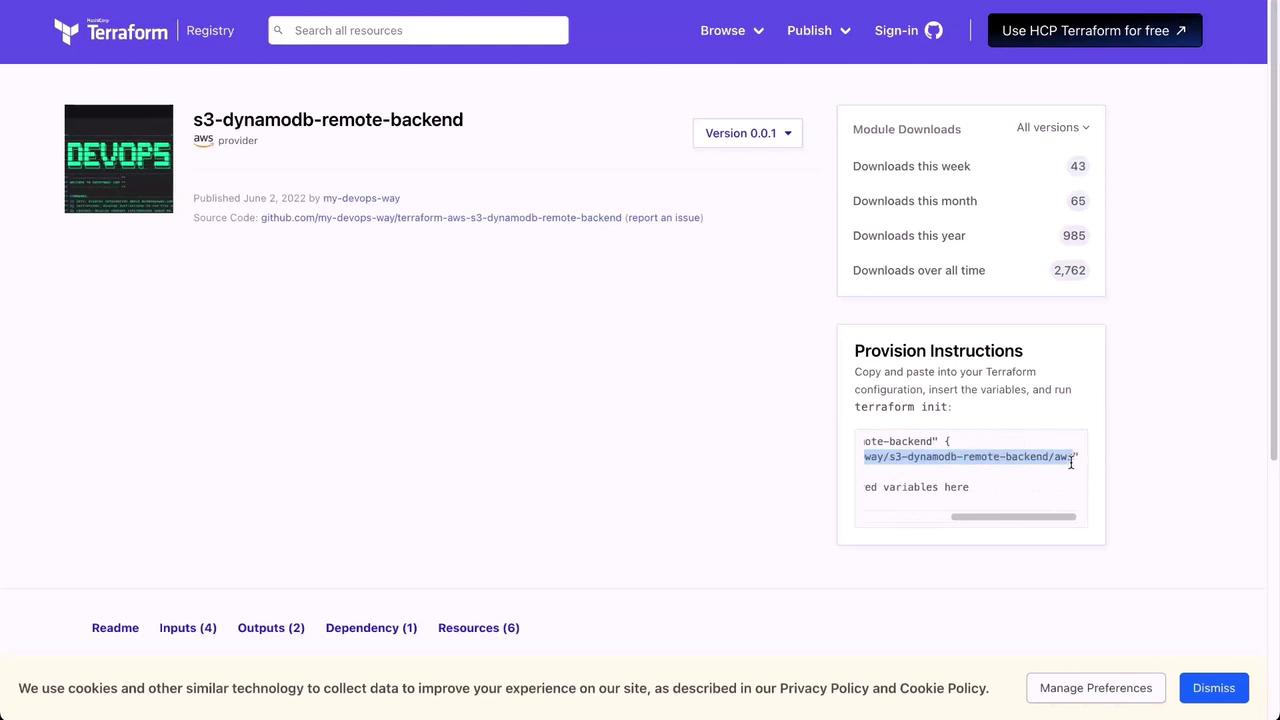 The image shows a Terraform Registry page for the "s3-dynamodb-remote-backend" module, including download statistics and provision instructions.