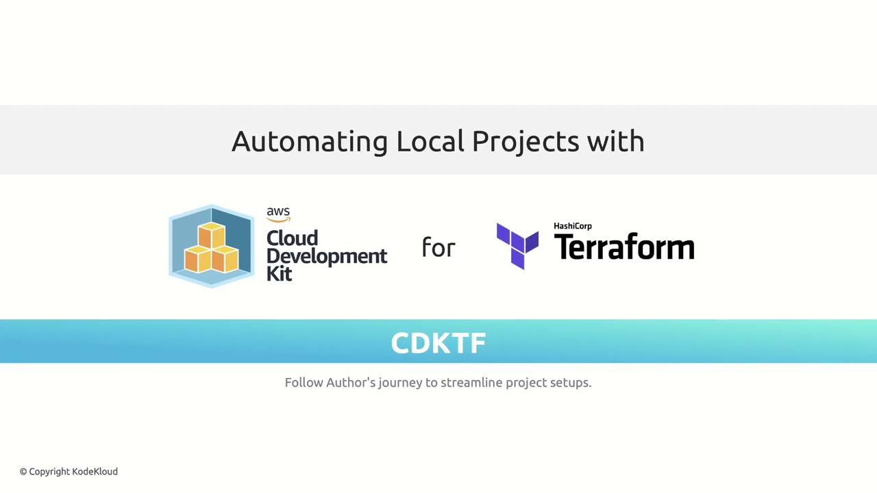 The image is a promotional graphic for automating local projects using AWS Cloud Development Kit and HashiCorp Terraform, featuring the acronym "CDKTF."