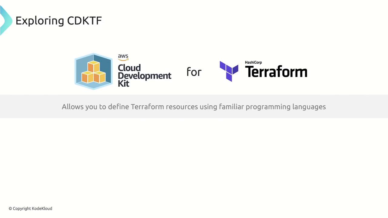 The image is an introduction to CDKTF, showing logos for AWS Cloud Development Kit and HashiCorp Terraform, with a caption about defining Terraform resources using familiar programming languages.