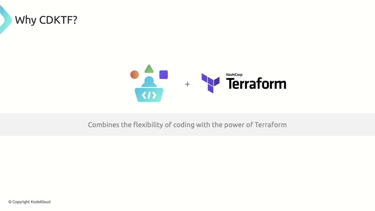 The image is a promotional graphic for CDKTF, highlighting its combination of coding flexibility with the power of Terraform. It includes logos and a tagline.