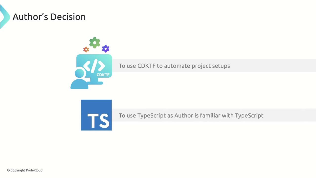 The image outlines the author's decision to use CDKTF for automating project setups and TypeScript due to familiarity.