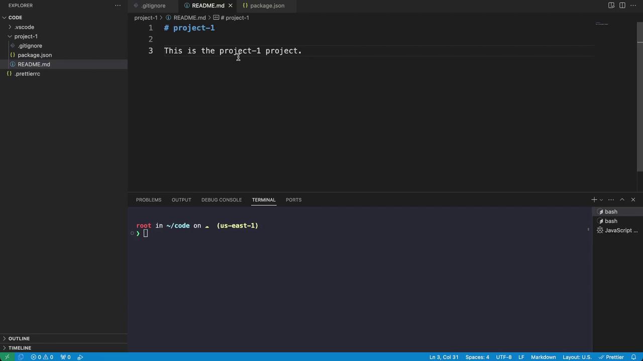 The image shows a Visual Studio Code interface with a project directory open, displaying a README.md file with the text "This is the project-1 project." The terminal at the bottom is open, showing a command prompt.