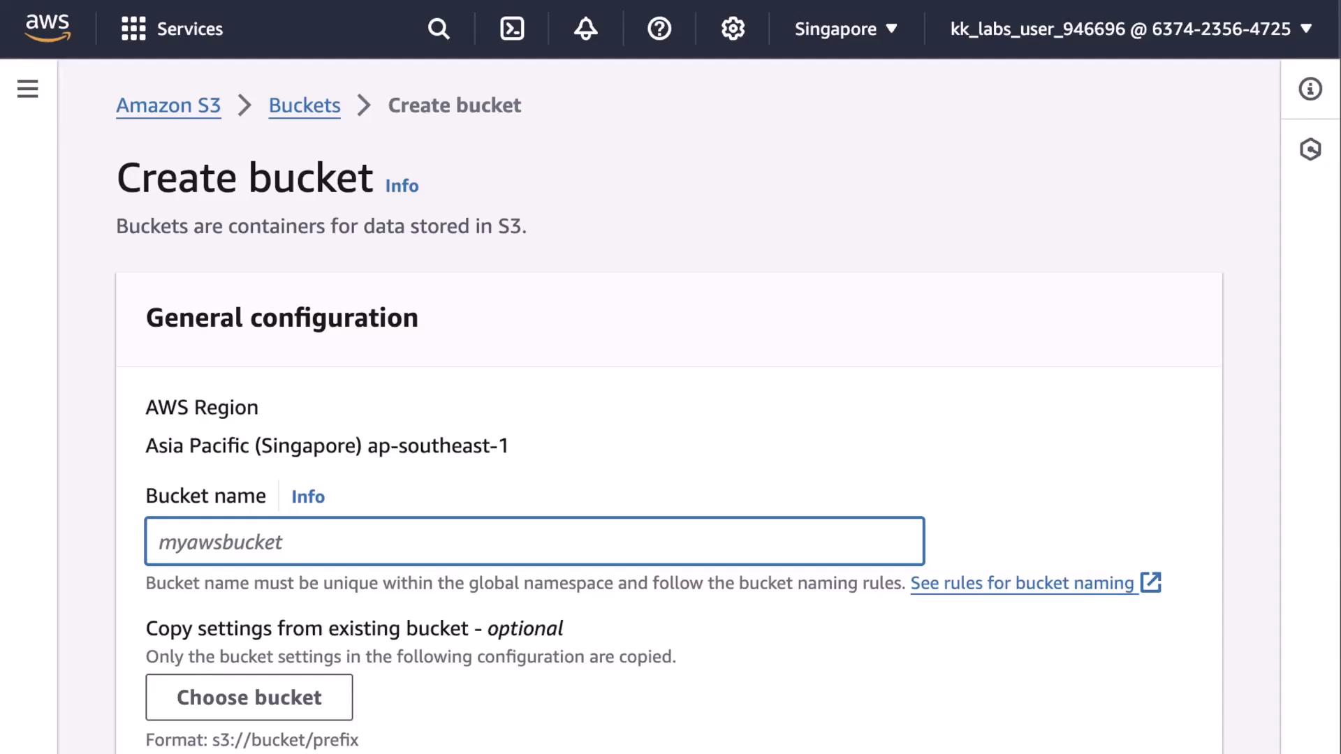 The image shows an AWS S3 interface for creating a new bucket, with options to set the AWS region and bucket name.