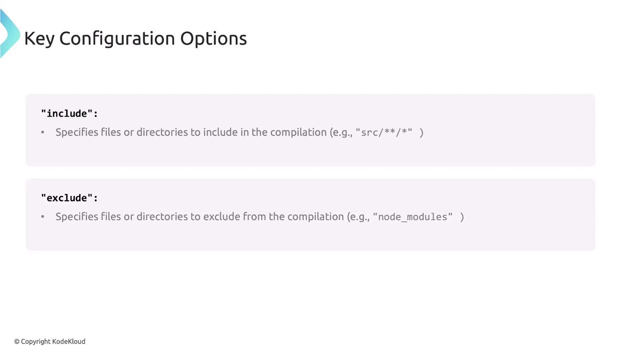 The image shows key configuration options for including and excluding files or directories in a compilation, with examples like "src/**/*" for inclusion and "node_modules" for exclusion.