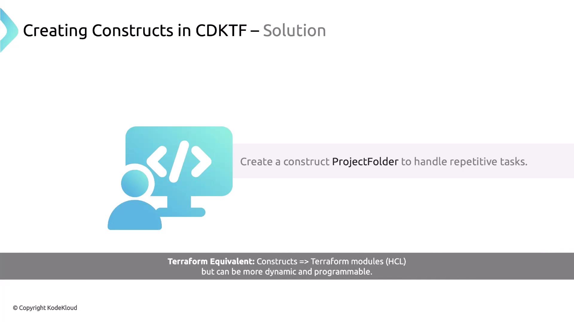 The image is about creating constructs in CDKTF, suggesting the creation of a "ProjectFolder" construct to handle repetitive tasks, and compares constructs to Terraform modules.