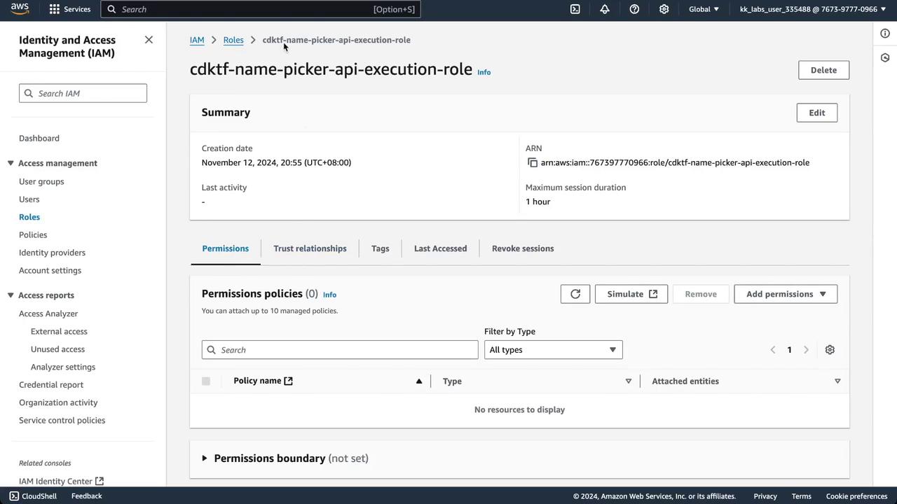 The image shows an AWS Identity and Access Management (IAM) console screen displaying details of a role named "cdktf-name-picker-api-execution-role," including its creation date and permissions settings.