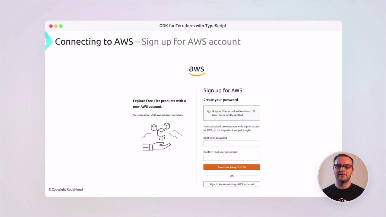 The image shows a tutorial slide about signing up for an AWS account, featuring a form to create a password and a verified email notification. There's also a small inset of a person speaking, likely explaining the process.