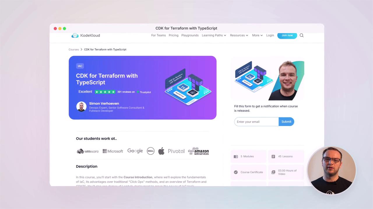 The image shows a webpage for a course titled "CDK for Terraform with TypeScript" on KodeKloud, featuring course details, instructor information, and a notification sign-up form.
