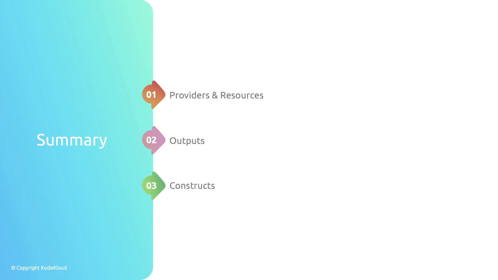 The image is a summary slide with a gradient background, listing three items: "Providers & Resources," "Outputs," and "Constructs," each numbered from 01 to 03.
