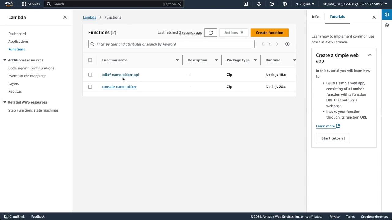 The image shows the AWS Lambda console with a list of functions, including "cdktf-name-picker-api" and "console-name-picker," both using Node.js runtimes. There's also a tutorial section on creating a simple web app.