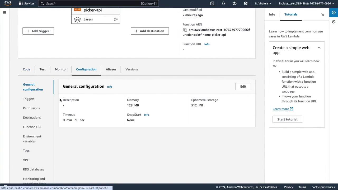 The image shows an AWS Lambda console interface displaying the configuration settings for a function named "picker-api," including memory, timeout, and storage details. There's also a tutorial section on creating a simple web app.