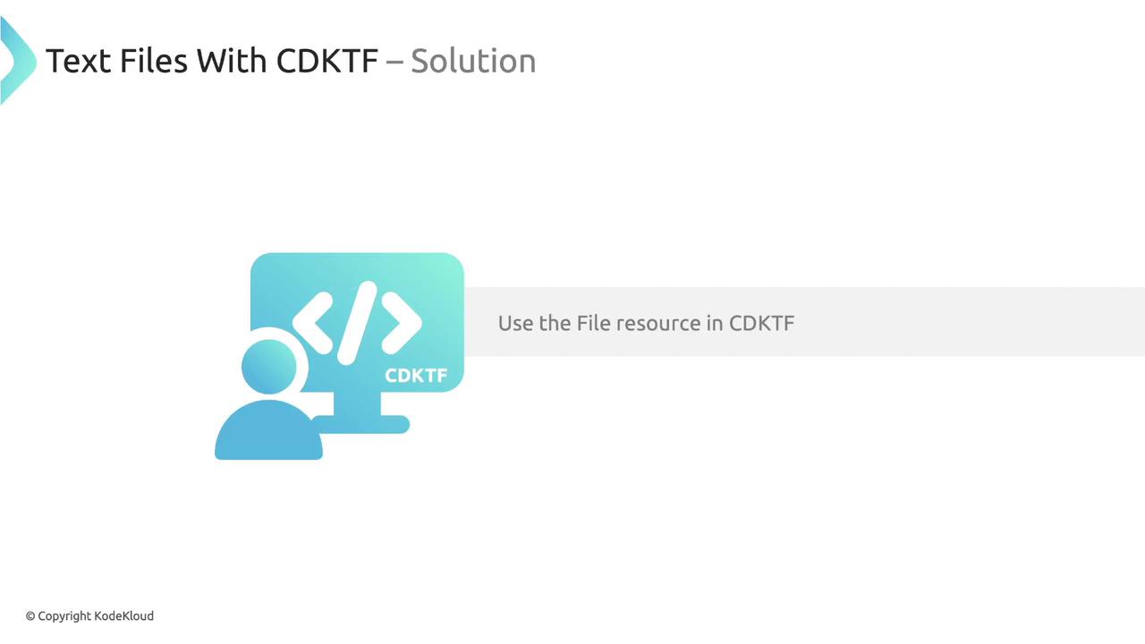 The image is a slide titled "Text Files With CDKTF – Solution," featuring an icon of a person at a computer with code symbols and the text "Use the File resource in CDKTF."