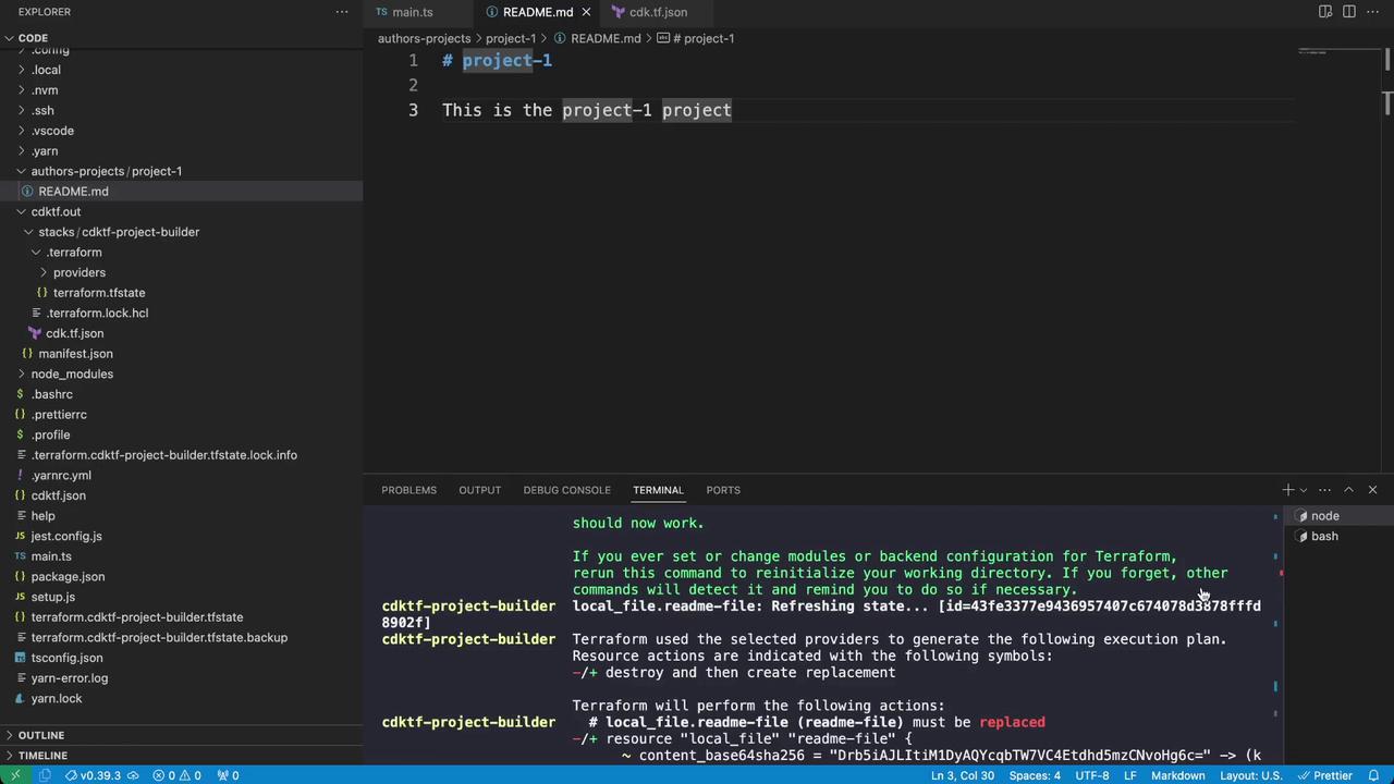 The image shows a Visual Studio Code interface with a file explorer on the left, a README.md file open in the editor, and a terminal at the bottom displaying Terraform commands and output.