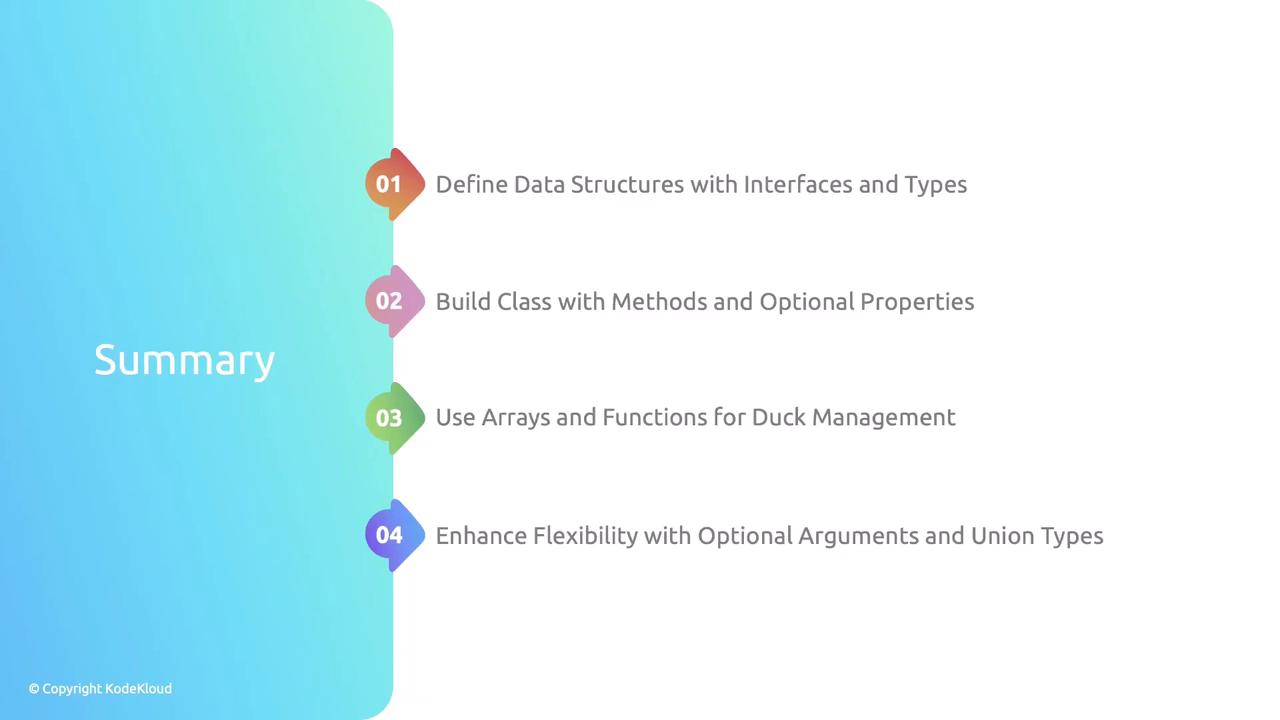 The image is a summary slide with a gradient background, listing four points about defining data structures, building classes, using arrays, and enhancing flexibility in programming.
