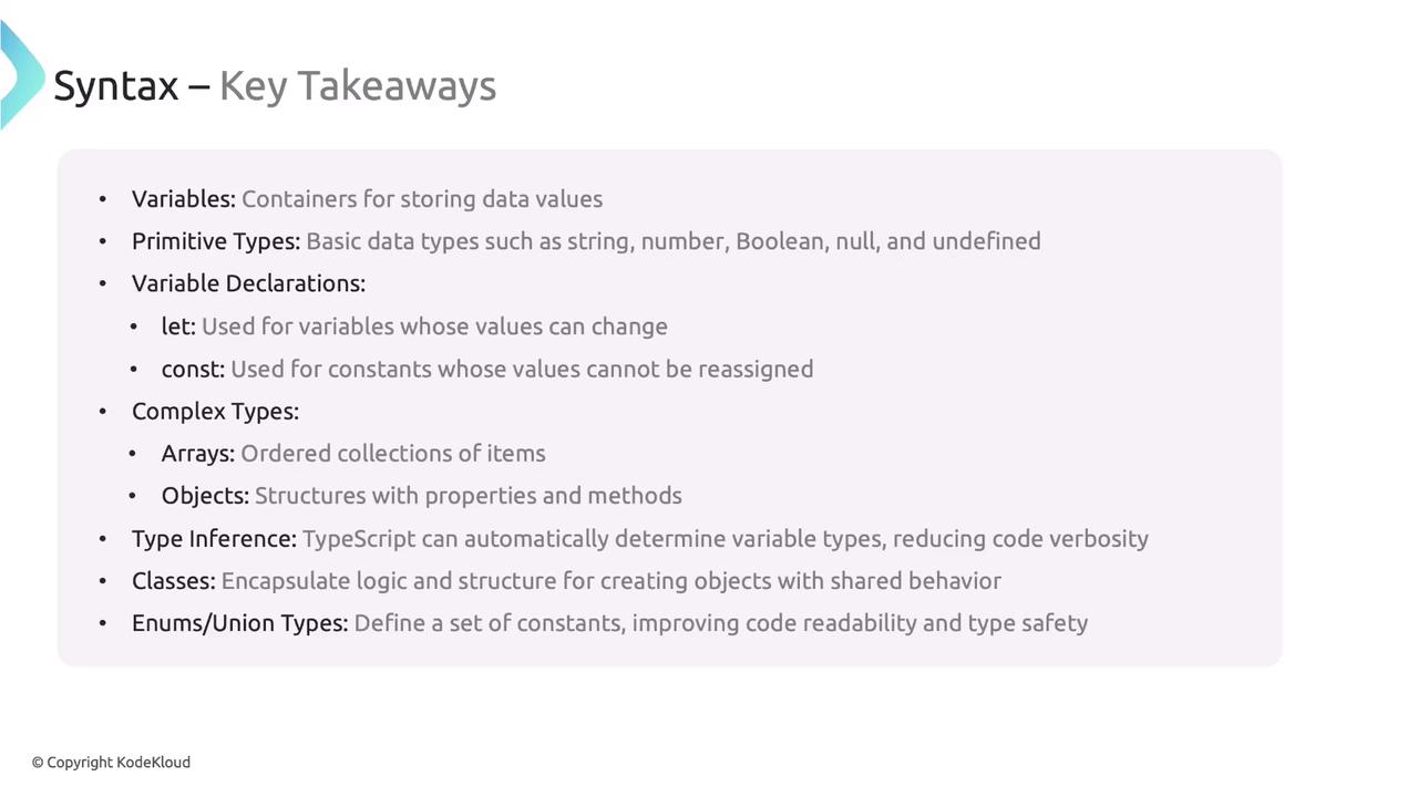 The image is a summary of key takeaways about syntax in programming, covering topics like variables, primitive types, variable declarations, complex types, type inference, classes, and enums/union types.