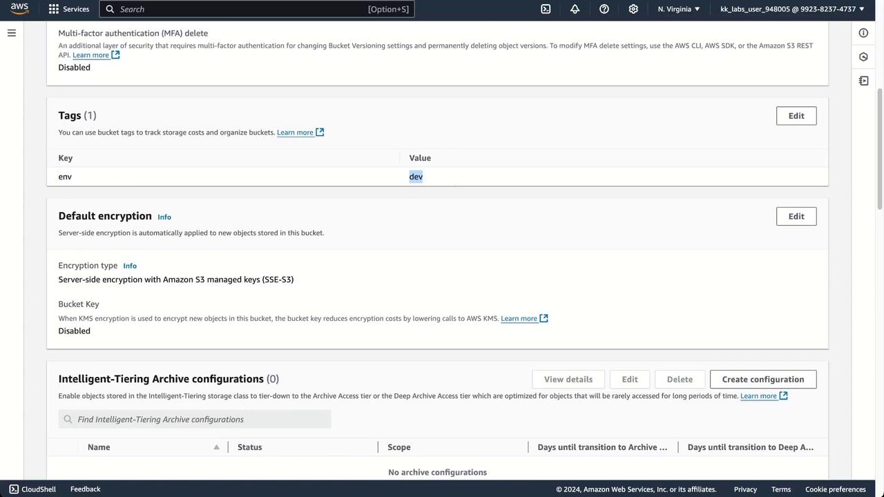 The image shows an AWS S3 bucket settings page, displaying configurations for multi-factor authentication, tags, default encryption, and intelligent-tiering archive configurations.