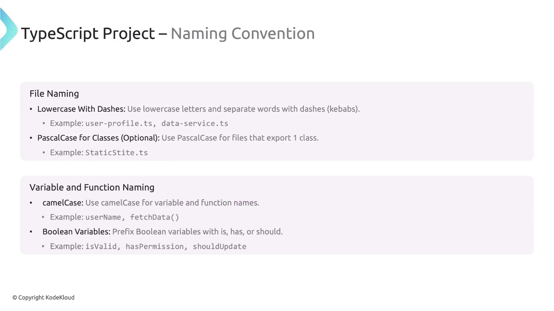 The image provides naming conventions for a TypeScript project, detailing guidelines for file naming and variable/function naming, including examples for each.