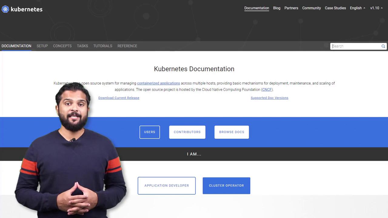 A person stands in front of a Kubernetes documentation webpage, which includes navigation links and options for users, contributors, and browsing documents.