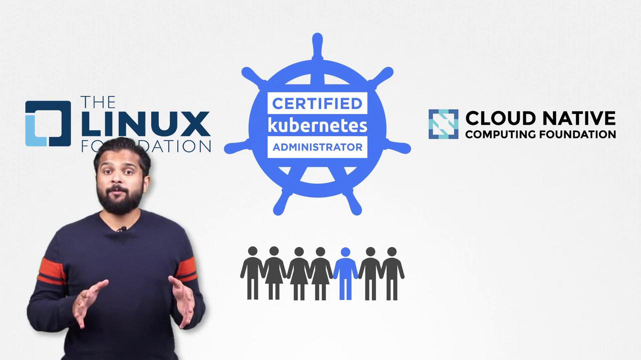 A person stands in front of logos for The Linux Foundation, Cloud Native Computing Foundation, and Certified Kubernetes Administrator, with a graphic of people below.