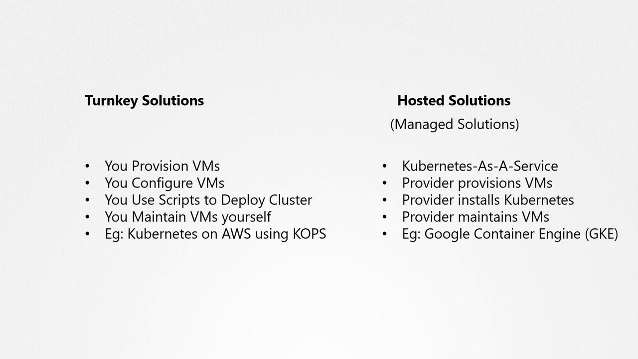 The image compares Turnkey and Hosted Solutions for Kubernetes, detailing user responsibilities in provisioning and maintaining VMs versus provider-managed services like Google Container Engine.