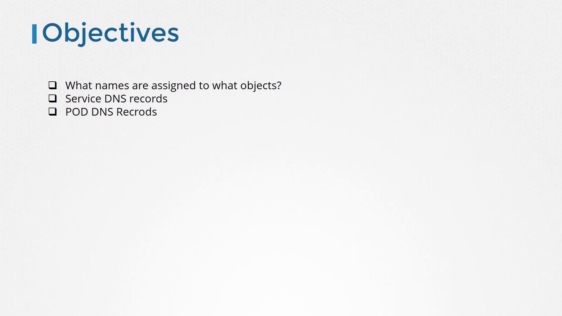 The image lists objectives related to DNS records, including assigned names, service DNS records, and POD DNS records.