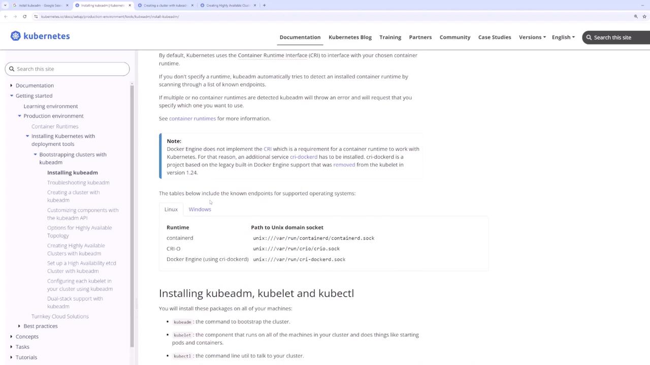 The image shows a webpage from Kubernetes documentation detailing the installation of kubeadm, kubelet, and kubectl, including container runtime requirements and Unix domain socket paths.