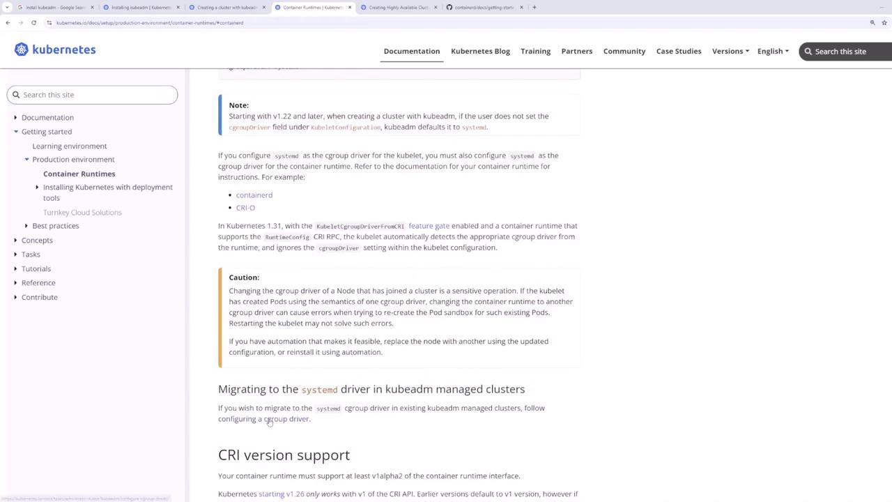 The image shows a webpage from the Kubernetes documentation, detailing container runtimes and configuration instructions for kubeadm, including notes and cautions.