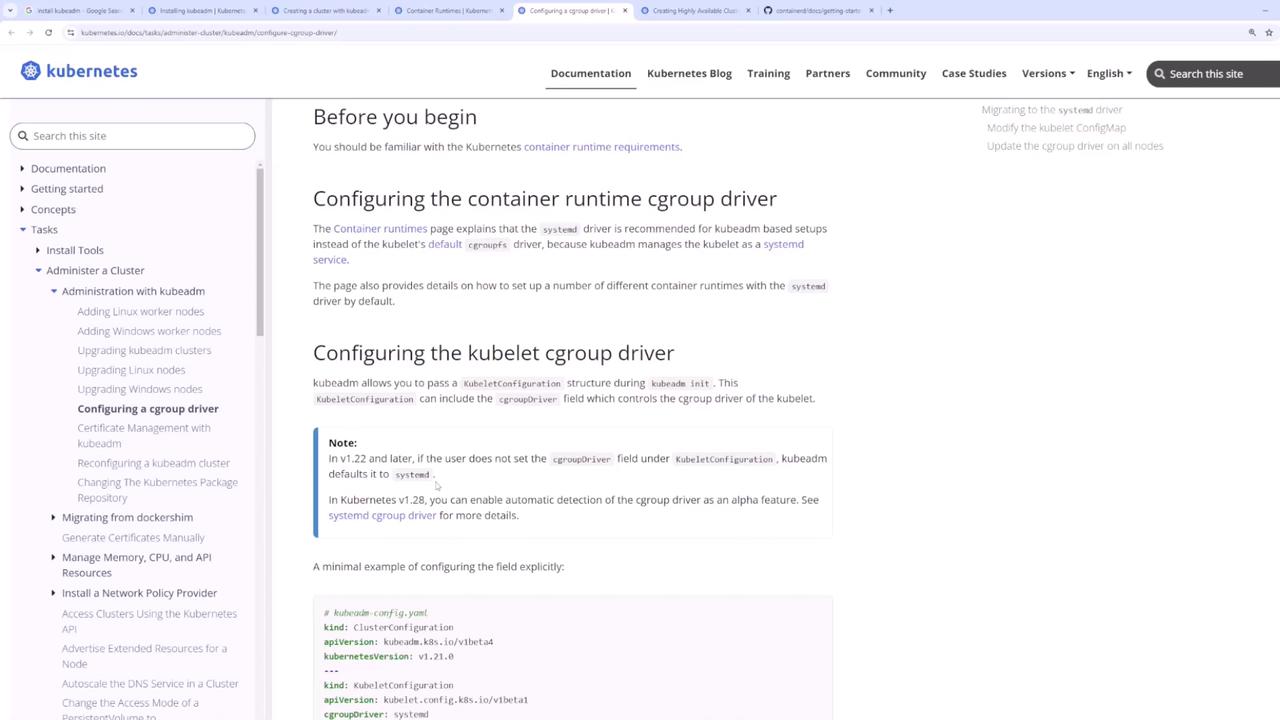 The image shows a Kubernetes documentation page about configuring container runtime and kubelet cgroup drivers, including instructions and code snippets for setting up the systemd driver.