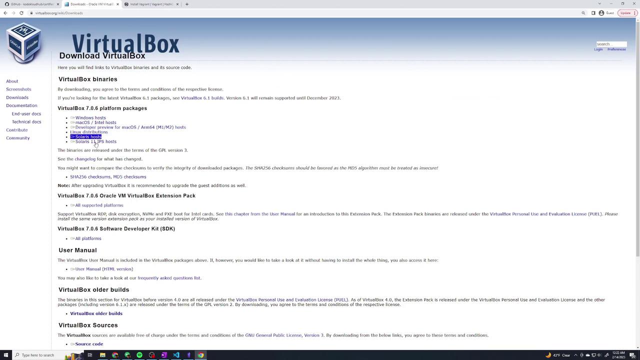 The image shows the VirtualBox download page, offering links to download VirtualBox 7.0.6 for various platforms, along with additional resources like the Extension Pack and User Manual.
