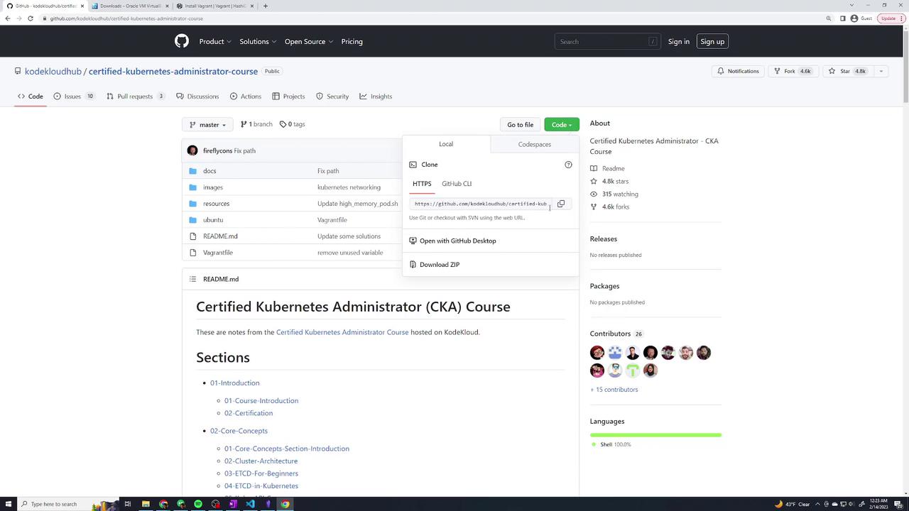 The image shows a GitHub repository page for a Certified Kubernetes Administrator (CKA) course, featuring files, a README, and options to clone or download the repository.