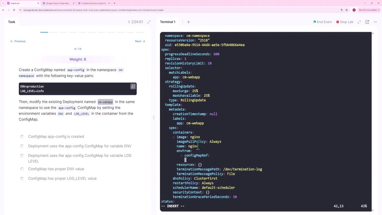 The image shows a Kubernetes task interface with instructions to create a ConfigMap and modify a Deployment, alongside a terminal displaying YAML configuration for a Kubernetes deployment.
