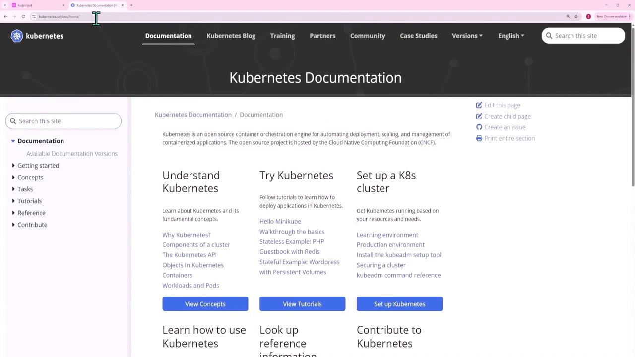 The image shows the Kubernetes documentation webpage, featuring navigation links and sections for understanding, trying, and setting up Kubernetes.