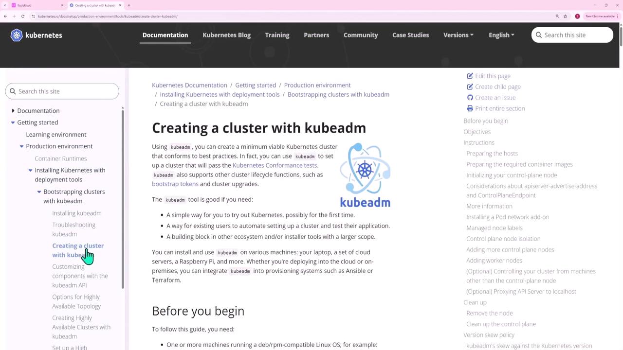 The image shows a webpage from the Kubernetes documentation, specifically a guide on creating a cluster with kubeadm. It includes navigation links and a brief introduction to using kubeadm for setting up Kubernetes clusters.