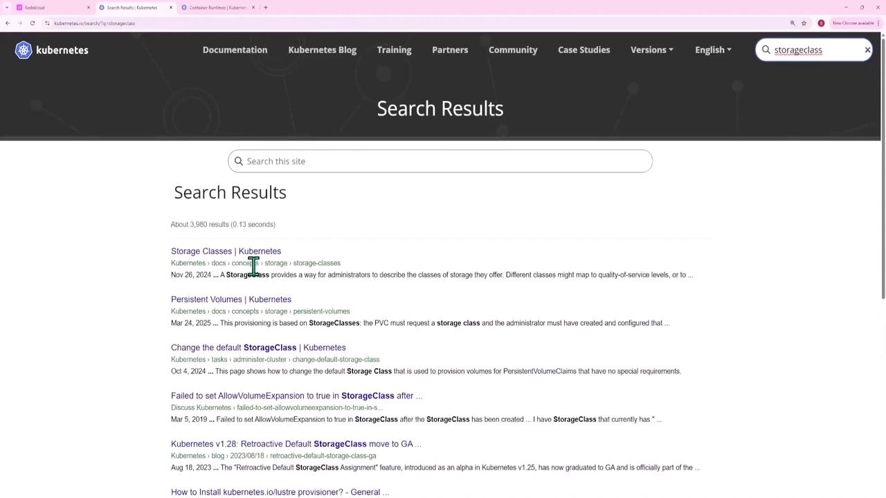 The image shows a search results page from the Kubernetes website, displaying results for the query "storageclass." It includes links to various Kubernetes documentation and articles related to storage classes.