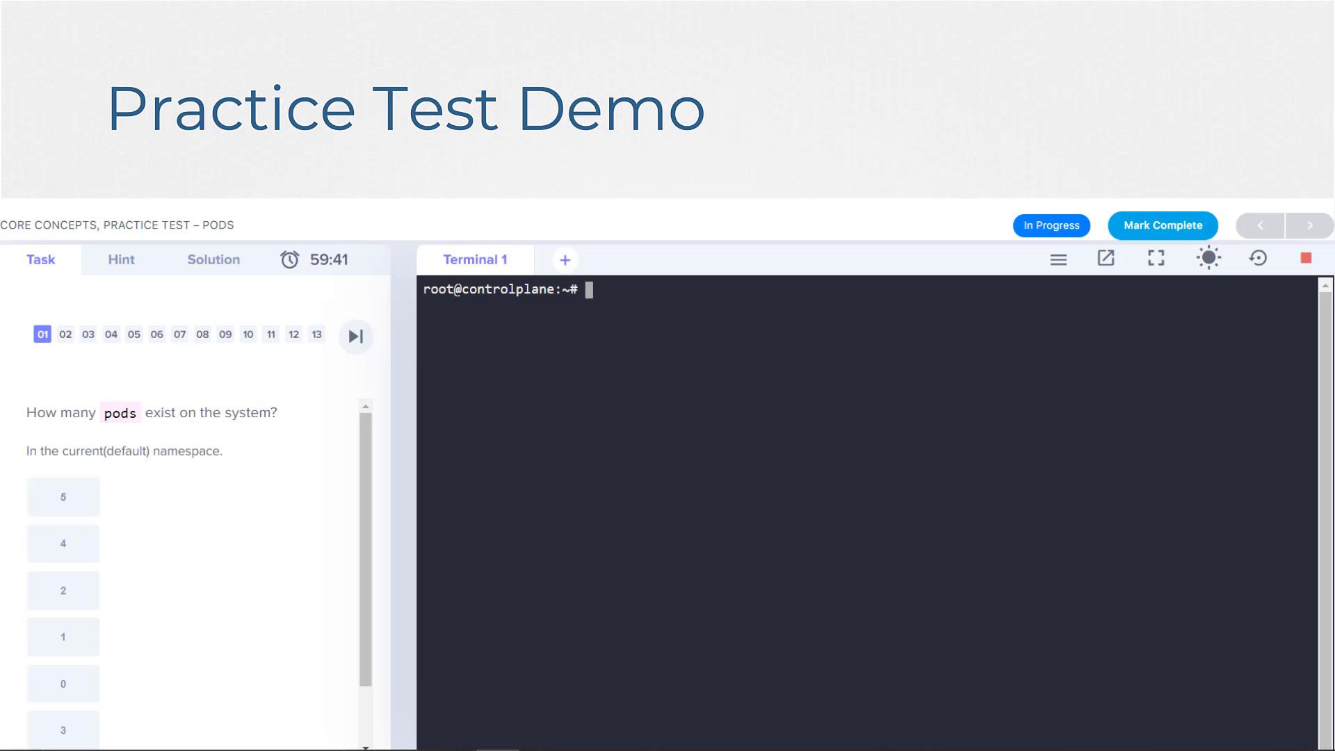 The image shows a practice test demo interface with a question about the number of pods in a system, alongside a terminal window.