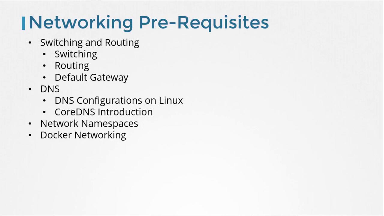 The image lists networking prerequisites, including switching, routing, DNS configurations, network namespaces, and Docker networking.
