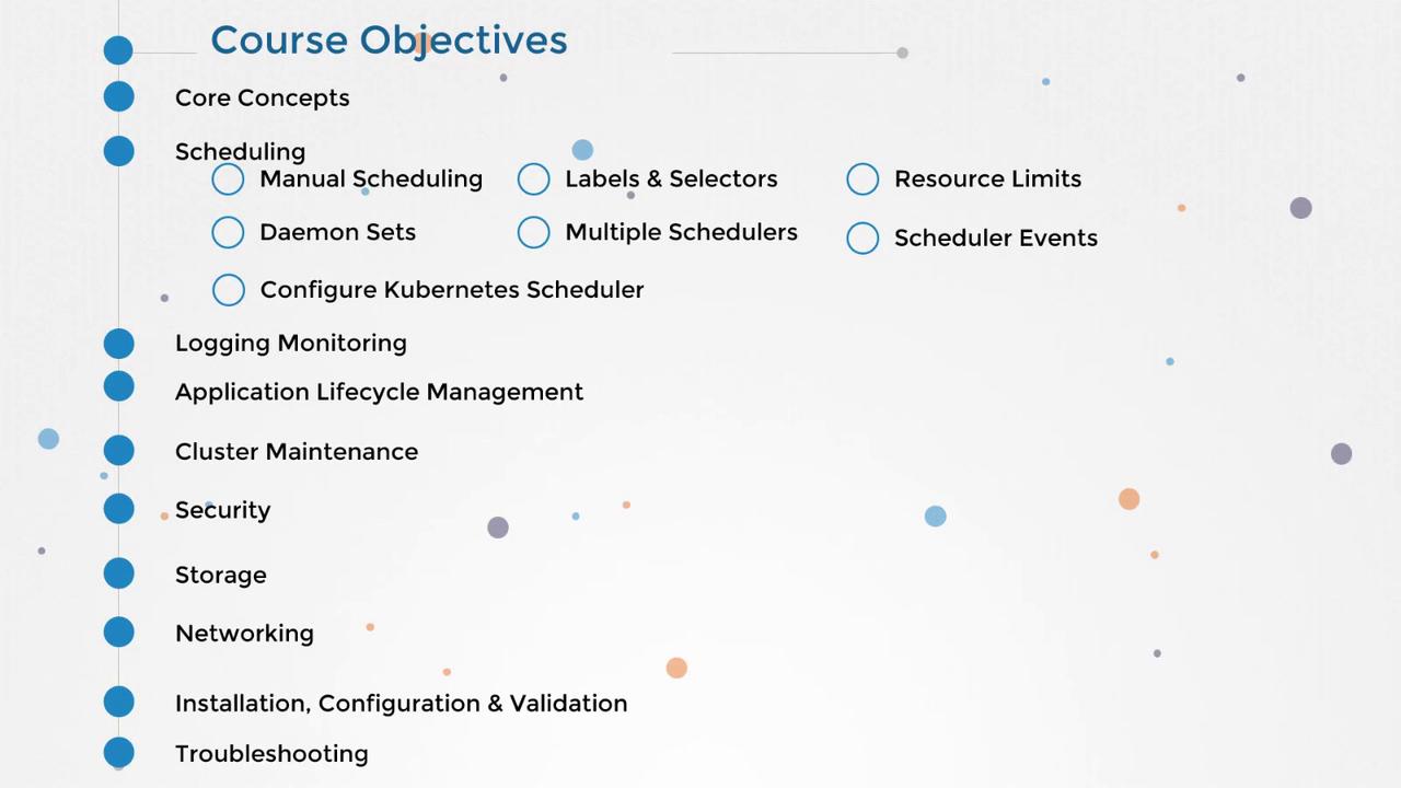 The image lists course objectives, including core concepts, scheduling, logging, application lifecycle management, cluster maintenance, security, storage, networking, installation, and troubleshooting.