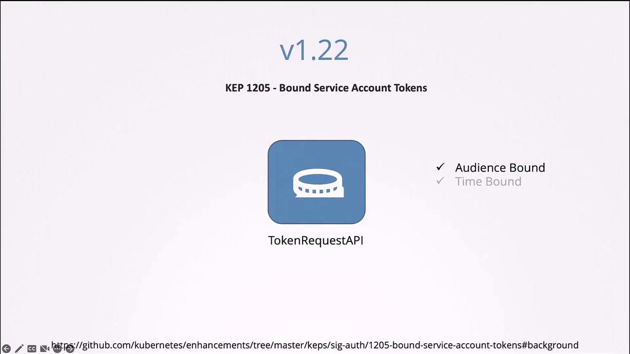 The image is a slide about Kubernetes v1.22, featuring KEP 1205 for Bound Service Account Tokens, highlighting the TokenRequest API with audience and time-bound features.