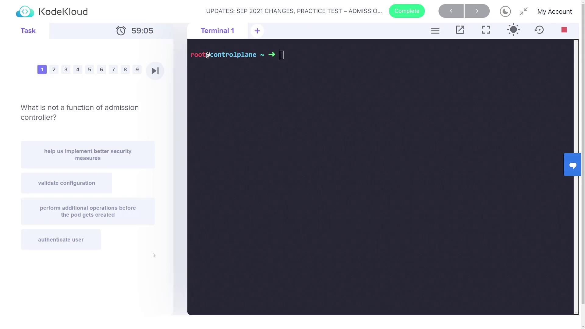 The image shows a KodeKloud practice test interface with a question about the functions of an admission controller, alongside a terminal window.