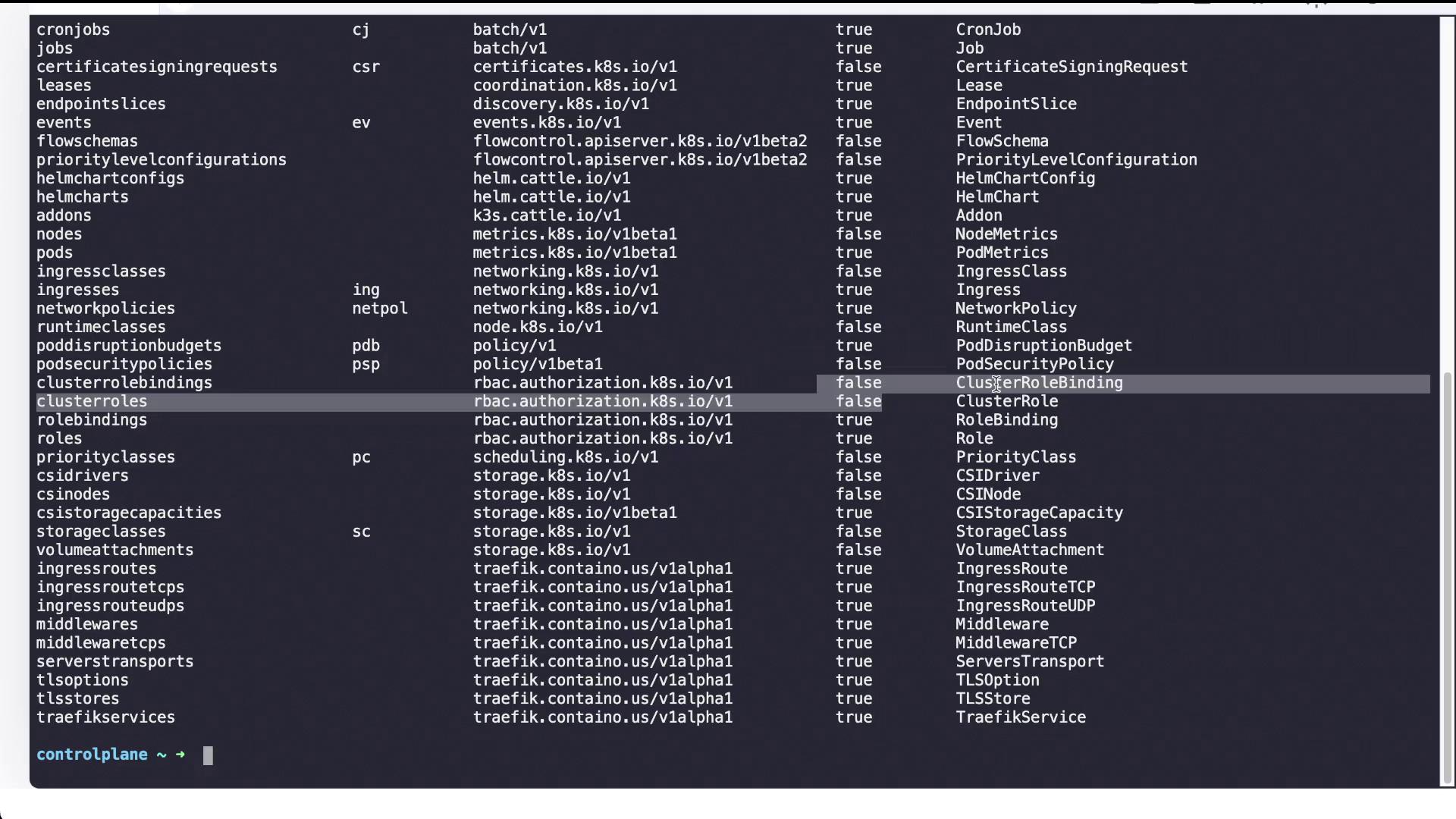 The image shows a terminal output listing Kubernetes resources, their API versions, availability status, and descriptions, likely from a `kubectl api-resources` command.